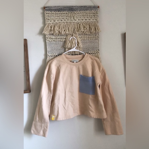 Kerri Rosenthal Micki Sweatshirt Cropped Patch Pocket Sweater Cream Blue Small - Picture 2 of 6